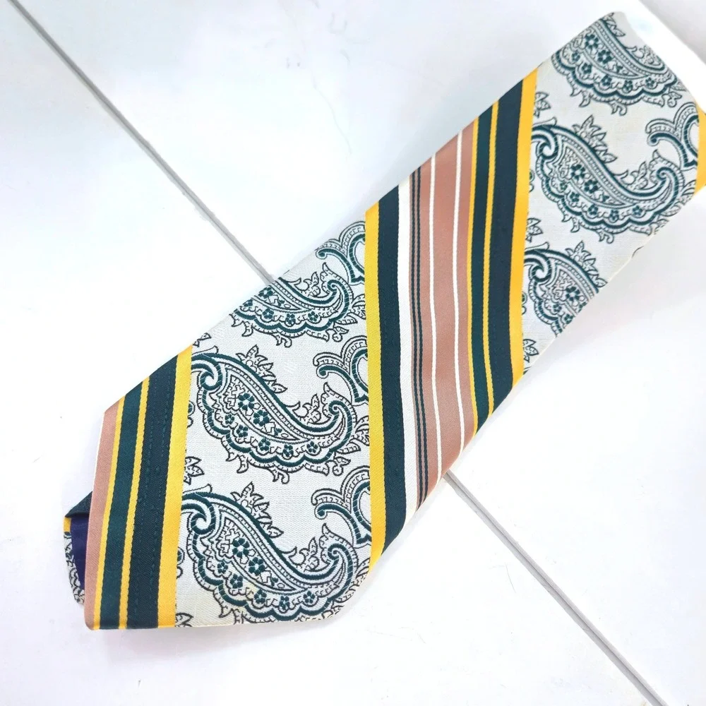 Vintage 70s/80s Jean‎ Claude Vidal Green Gold Mens Paisley Stripe Necktie USA